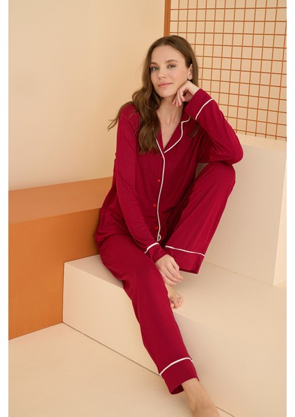 Bordo Viskon Önden Düğmeli Pijama Takımı
