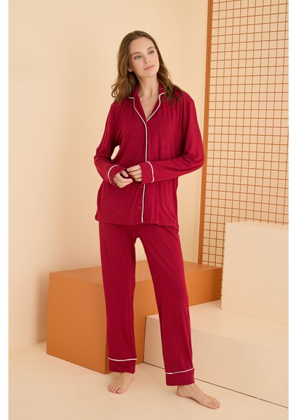 Bordo Viskon Önden Düğmeli Pijama Takımı fiyatları