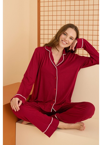 Bordo Viskon Önden Düğmeli Pijama Takımı modelleri