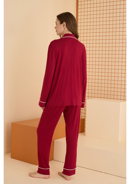Bordo Viskon Önden Düğmeli Pijama Takımı fırsatları