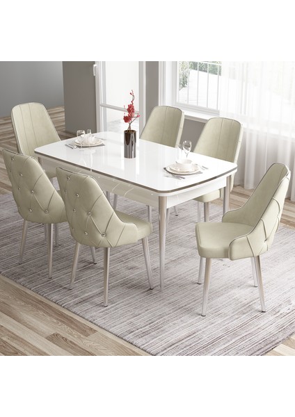 Concept Tia Serisi Beyaz Masa 80 x 132 cm Açılabilir Mdf Yemek Odası Takımı 6 Sandalye Gümüş Detay