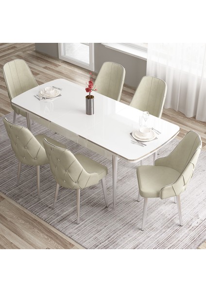 Concept Tia Serisi Beyaz Masa 80 x 132 cm Açılabilir Mdf Yemek Odası Takımı 6 Sandalye Gümüş Detay