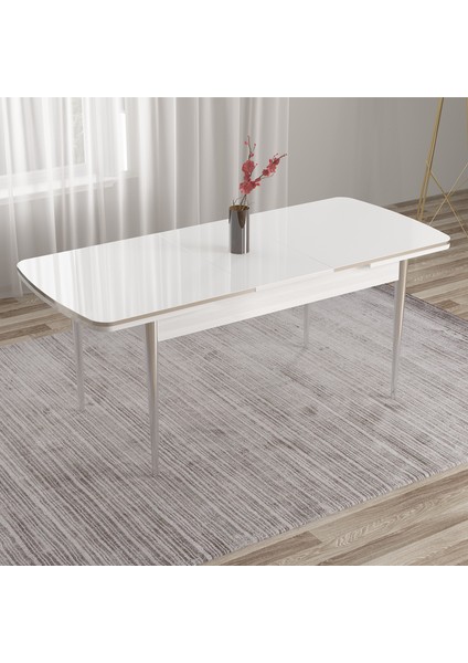 Concept Tia Serisi Beyaz Masa 80 x 132 cm Açılabilir Mdf Yemek Odası Takımı 6 Sandalye Gümüş Detay
