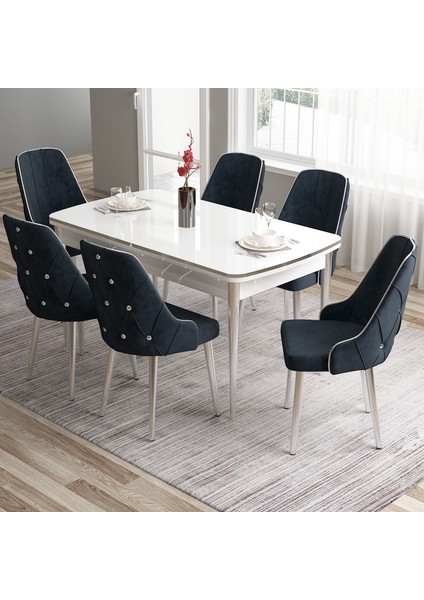 Concept Tia Serisi Beyaz Masa 80 x 132 cm Açılabilir Mdf Yemek Odası Takımı 6 Sandalye Gümüş Detay