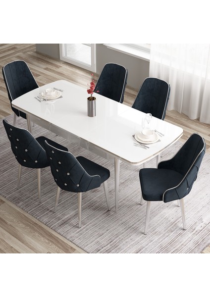 Concept Tia Serisi Beyaz Masa 80 x 132 cm Açılabilir Mdf Yemek Odası Takımı 6 Sandalye Gümüş Detay fiyatları