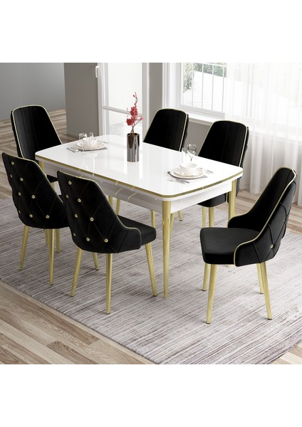 Concept Tia Serisi Beyaz Masa 80 x 132 cm Açılabilir Mdf Yemek Odası Takımı 6 Sandalye Gold Detay
