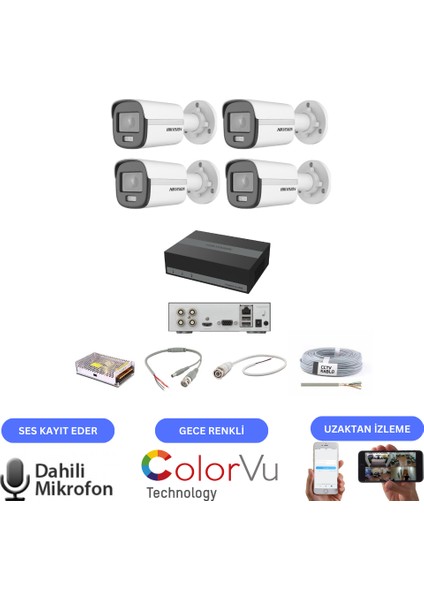 Mikrofonlu 7/24 Renkli Görüşlü Güvenlik Kamerası Seti 4' Lü - 1tb Essd