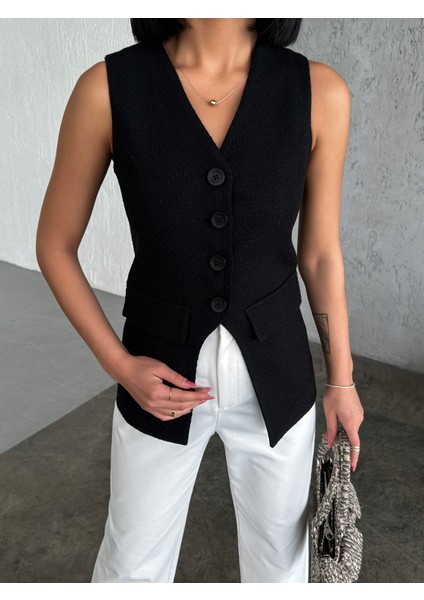 Kadın Asimetrik Detaylı Düğmeli Cep Kapaklı Yelek fiyatları
