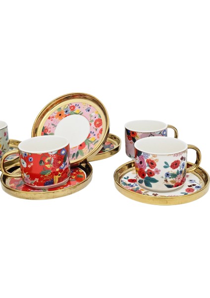 Kosova Çiçekli Renkli Porselen 6 Kişilik Fincan Takımı Odr-05 modelleri