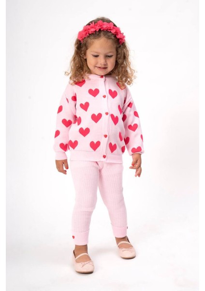 (2-7 Yaş) Triko Kalp Desenli Kız Çocuk takım - Pembe