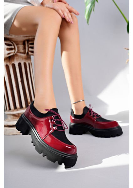 Flex Model Scuba Dalgıç Kumaş Detaylı Bordo Kırışık Rugan Bağcıklı Kadın Loafer Ayakkabı
