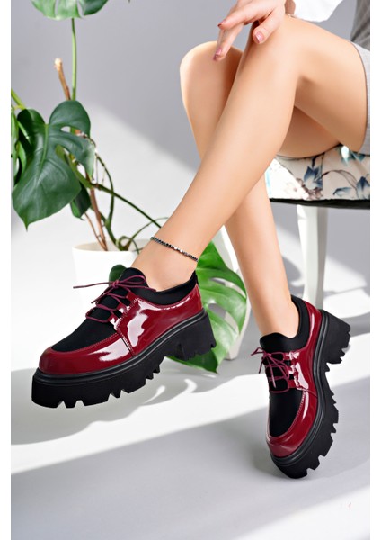 Flex Model Scuba Dalgıç Kumaş Detaylı Bordo Kırışık Rugan Bağcıklı Kadın Loafer Ayakkabı