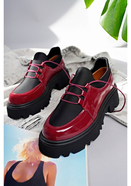 Flex Model Scuba Dalgıç Kumaş Detaylı Bordo Kırışık Rugan Bağcıklı Kadın Loafer Ayakkabı