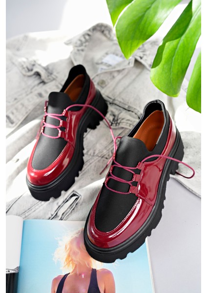 Flex Model Scuba Dalgıç Kumaş Detaylı Bordo Kırışık Rugan Bağcıklı Kadın Loafer Ayakkabı