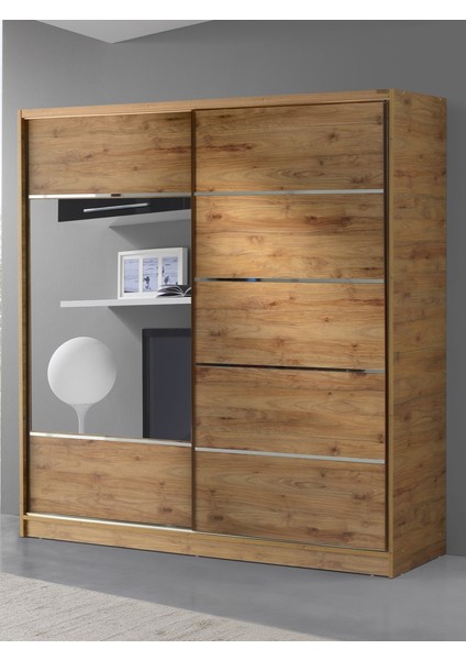 Ücretsiz Montaj - %100 MDF 160 CM Sürgülü Kapaklı Atlantik Çam Gardırop - MDF Dolap - Elbise Dolabı