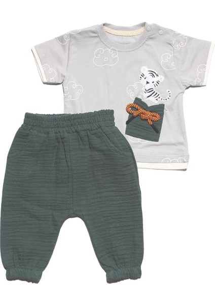 Erkek Bebek Gri Yeşil Müslin Pantolonlu Kaplan Baskılı 2'li Takım