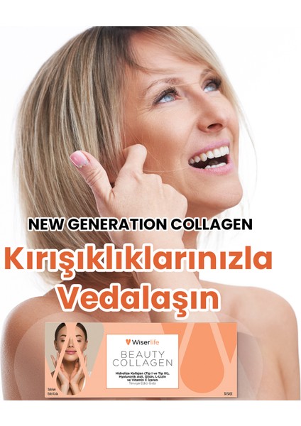 Beauty Collagen Hidrolize Kollajen (Tip 1 ve Tip 3), Hyaluronik Asit, Glisin, L-Lizin ve Vitamin C İçeren Takviye Edici Gıda 30 Saşe