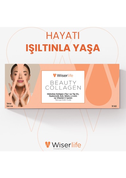 Beauty Collagen Hidrolize Kollajen (Tip 1 ve Tip 3), Hyaluronik Asit, Glisin, L-Lizin ve Vitamin C İçeren Takviye Edici Gıda 30 Saşe