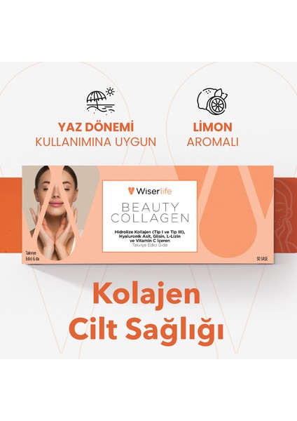 Beauty Collagen Hidrolize Kollajen (Tip 1 ve Tip 3), Hyaluronik Asit, Glisin, L-Lizin ve Vitamin C İçeren Takviye Edici Gıda 30 Saşe