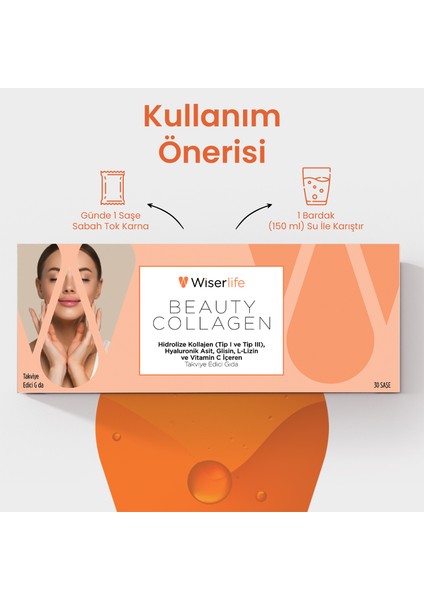 Beauty Collagen Hidrolize Kollajen (Tip 1 ve Tip 3), Hyaluronik Asit, Glisin, L-Lizin ve Vitamin C İçeren Takviye Edici Gıda 30 Saşe