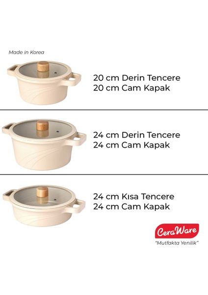 Vetta 6 Parça Seramik Kaplama Yapışmaz 24 cm Derin + 24 cm Kısa + 20 cm Derin Tencere Seti Bej