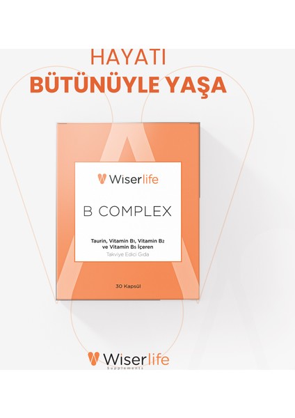 B Complex Taurin, Vitamin B1, Vitamin B2 ve Vitamin B5 İçeren Takviye Edici Gıda 30 Kapsül