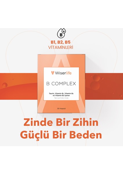B Complex Taurin, Vitamin B1, Vitamin B2 ve Vitamin B5 İçeren Takviye Edici Gıda 30 Kapsül
