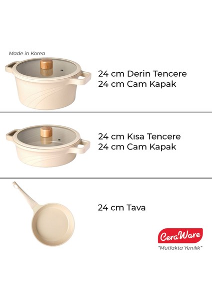 Vetta 5 Parça Seramik Kaplama Yapışmaz 24 cm Tava + 24 cm Kısa + 24 cm Derin Tencere Seti Bej