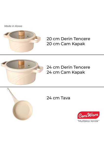 Vetta 5 Parça Seramik Kaplama Yapışmaz 24 cm Tava + 24 cm Derin + 20 cm Derin Tencere Seti Bej