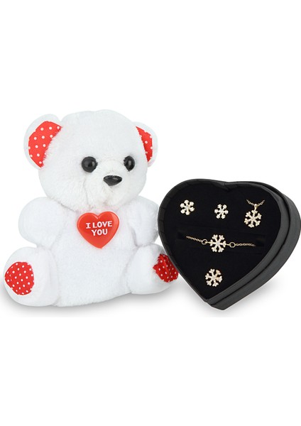 Altın Kaplama Kar Tanesi Kolye Küpe Bileklik Ayıcık Set PS1602