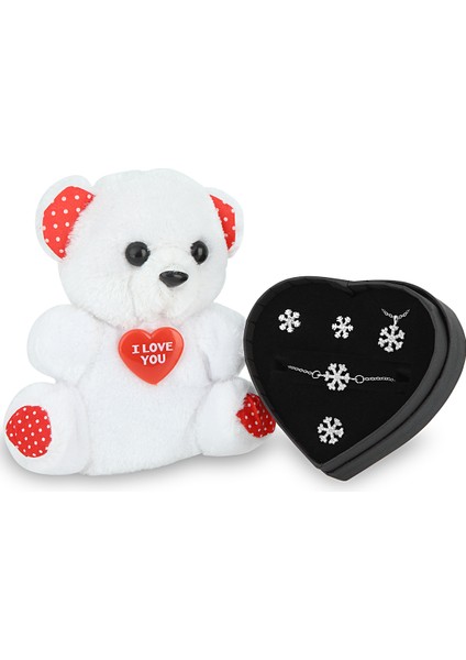 Beyaz Kar Tanesi Kolye Küpe Bileklik Ayıcık Set PS1603