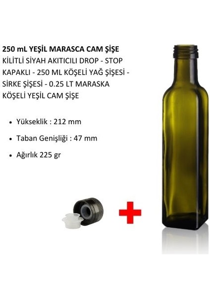 250 ml Yeşil Maraska Cam Şişe  Kilitli Siyah Akıtıcılı Drop - Stop Kapaklı - 250 ml Köşeli Yağ Şişesi - Sirke Şişesi