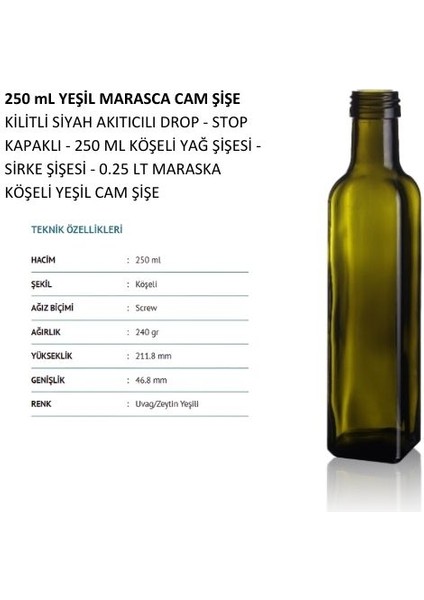 250 ml Yeşil Maraska Cam Şişe  Kilitli Siyah Akıtıcılı Drop - Stop Kapaklı - 250 ml Köşeli Yağ Şişesi - Sirke Şişesi