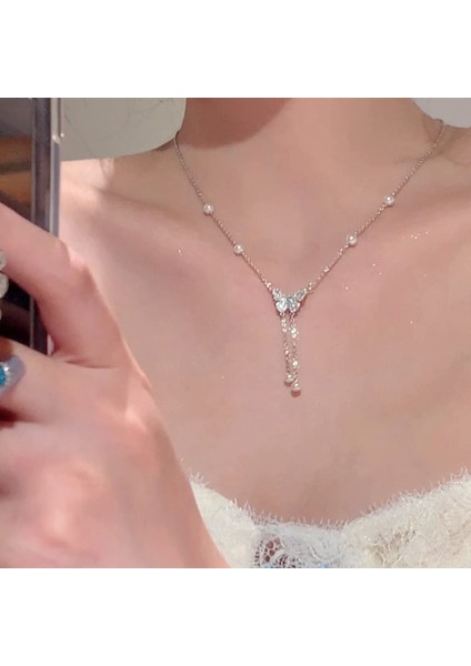 High-End Hafif Lüks Titanyum Çelik Kolye Kadın Niş Tasarımı Sıcak Kız Inci Köprücük Kemiği Zinciri Moda Çok Yönlü Aksesuar (Yurt Dışından)