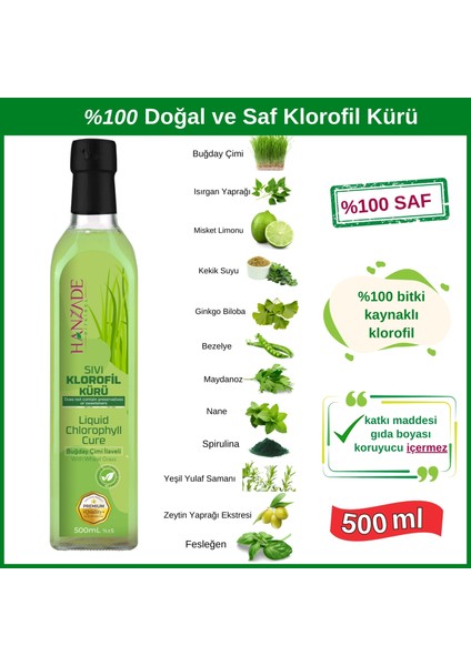 Sıvı Klorofil Kürü Buğday Çimi Ilaveli Bitki Ekstraktları 500 ml Cam Şişe