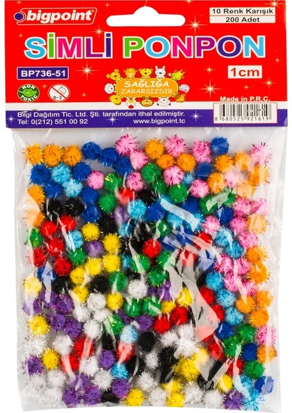 | Simli Ponpon, El Işi Projeleri Için Uygun Yün Ponpon Seti, 1 Cm, 10 Farklı Renk, 200'LÜ Poşet
