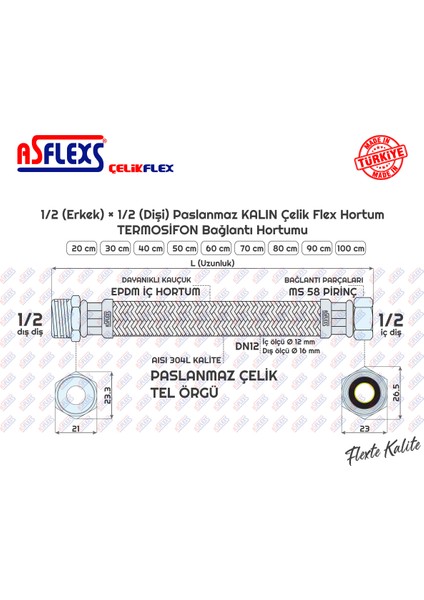 (DN12 KALIN) 1/2 (Erkek) × 1/2 (Dişi) Paslanmaz Çelik Kalın Flex Hortum Termosifon Bağlantı Hortumu (20 cm)