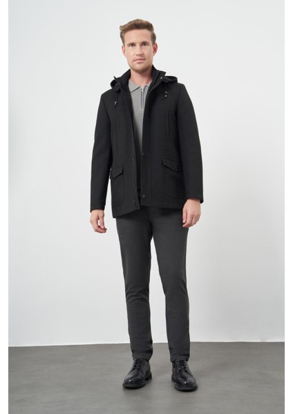 Siyah Kaşe Dik Yaka Astarlı Slim Fit Dar Kesim Klasik Kaban 1008245272