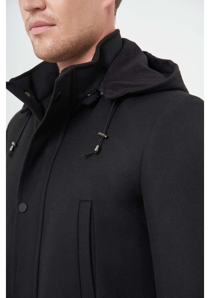 Siyah Kaşe Dik Yaka Astarlı Slim Fit Dar Kesim Klasik Kaban 1008245272