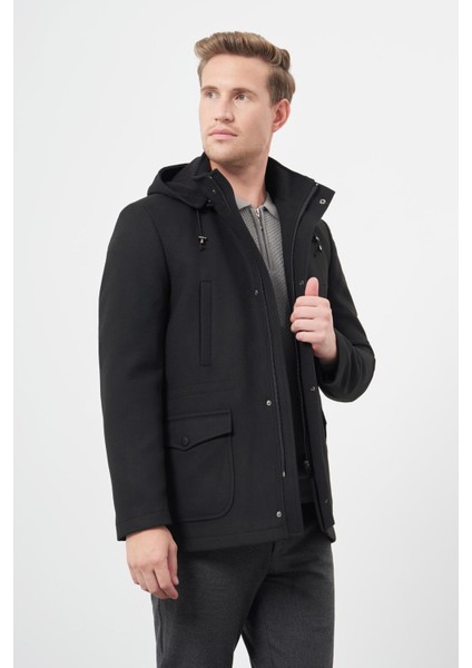 Siyah Kaşe Dik Yaka Astarlı Slim Fit Dar Kesim Klasik Kaban 1008245272