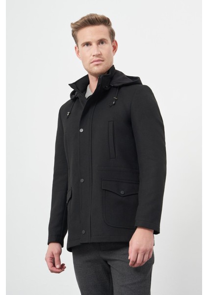 Siyah Kaşe Dik Yaka Astarlı Slim Fit Dar Kesim Klasik Kaban 1008245272 modelleri