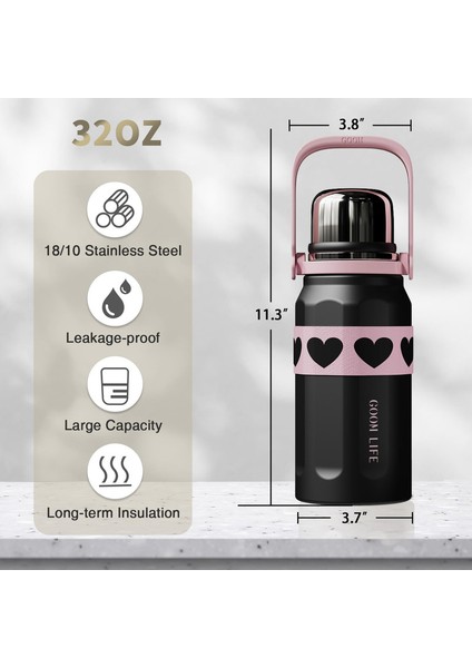 The Grip 32 Oz Sıcak ve Soğuk Içecekler Için Su Şişeleri, Kapaklı 18/10 Paslanmaz Çelik Siyah (Yurt Dışından)