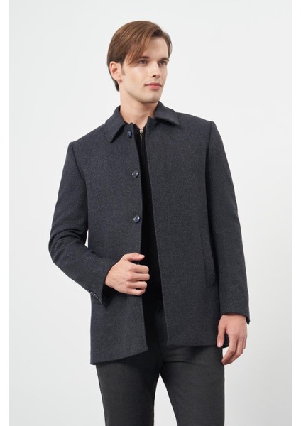 Koyu Lacivert Kaşe Bebe Yaka Kendinden Desenli Yırtmaçsız Sırt Kapitoneli Astar Comfort Fit Classic Kaban 1008245155 modelleri
