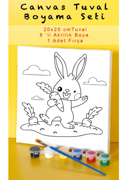 Sevimli Tavşan Canvas Tuval 20X20 cm Çocuk Boyama Seti