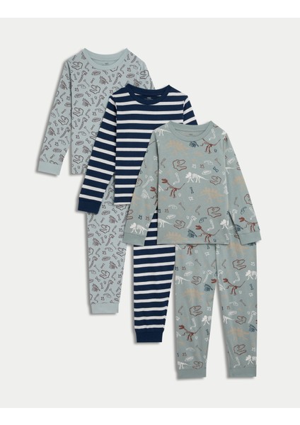 Marks & Spencer 3'lü Saf Pamuklu Dinazor Desenli Pijama Takımı Seti (1-8 Yaş)