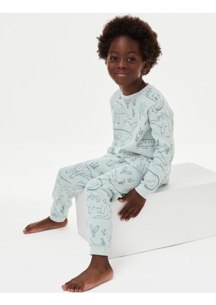 Marks & Spencer Saf Pamuklu Dinazor Desenli Pijama Takımı (1-8 Yaş)