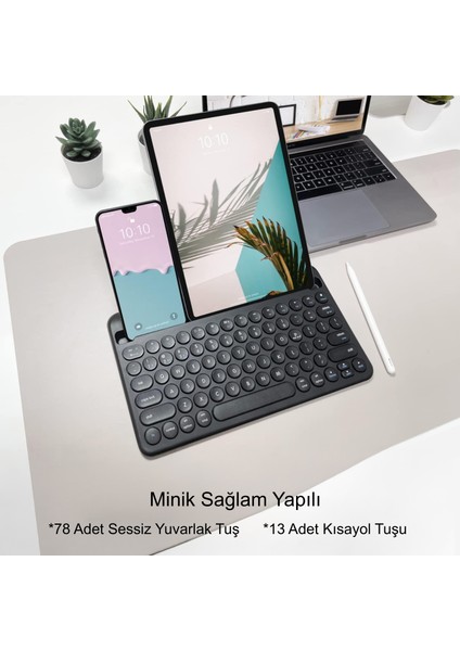 78 Yuvarlak Tuşlu Ingilizce Bluetooth Tablet Telefon Klavyesi Şarjlı Mini Boy 29X16CM