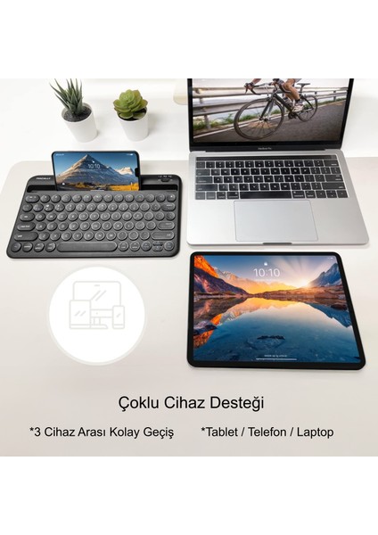 78 Yuvarlak Tuşlu Ingilizce Bluetooth Tablet Telefon Klavyesi Şarjlı Mini Boy 29X16CM