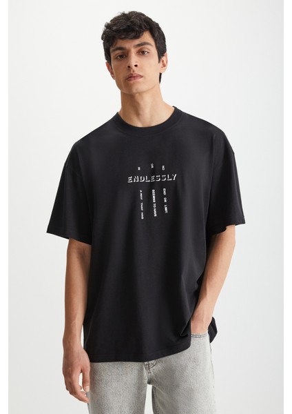 RAMADANP017 Erkek %100PAMUK Bisiklet Yaka Baskılı Siyah T-Shirt