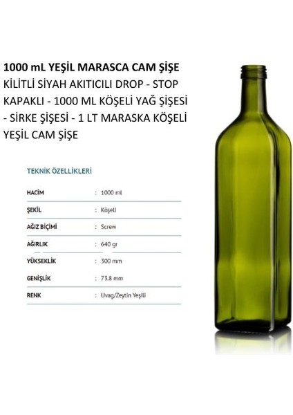 Yeşil Maraska Yağdanlık Kapaklı 1000 ml Köşeli Cam Şişe 2 Adet